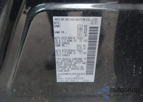2016 Nissan Pathfinder Sv z USA, uszkodzony, nr VIN 5N1AR2MM5GC604604